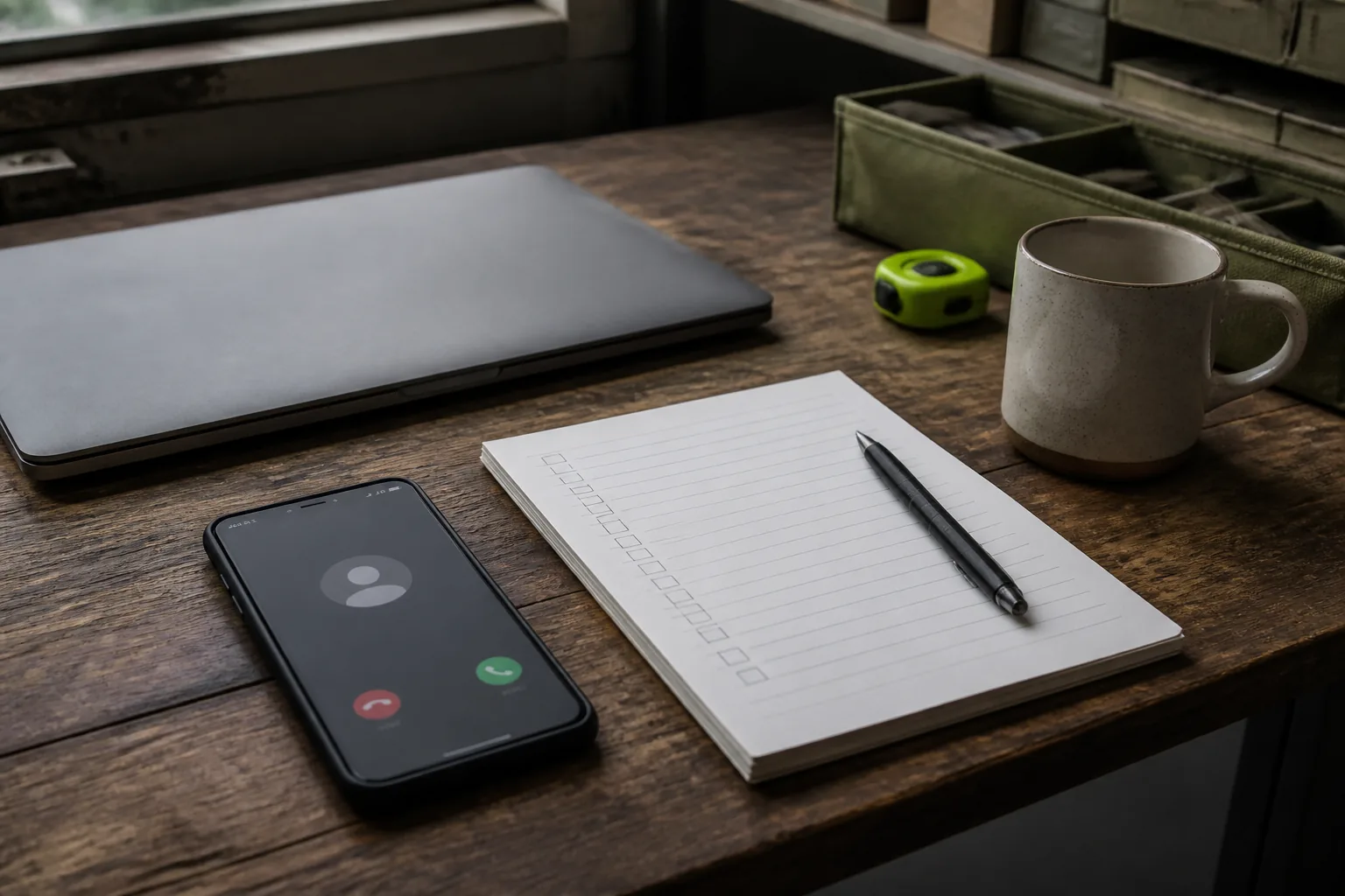 Illustration of a ringing phone, callback checklist and laptop in a small-business workspace