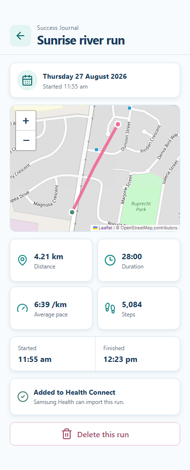 ChickyFit saved run screen from the shipped Android app