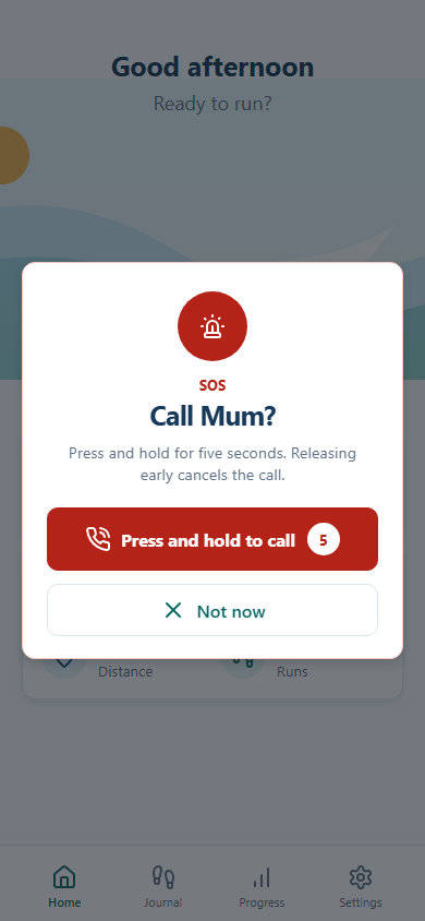 ChickyFit press-and-hold SOS confirmation before calling a trusted contact