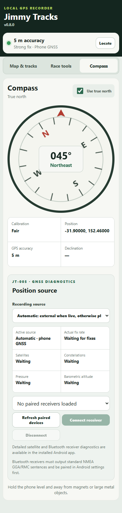 Jimmy Tracks compass and GNSS diagnostics