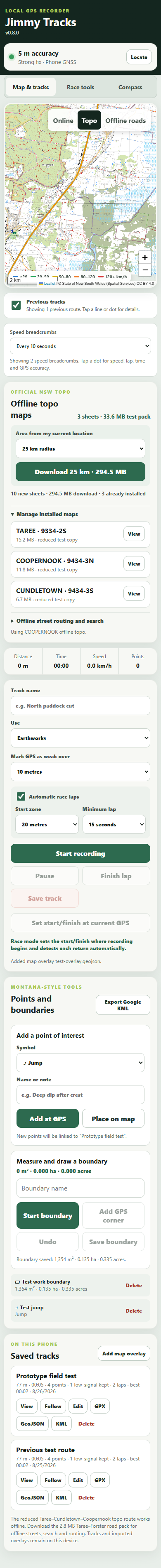Jimmy Tracks map, offline roads and saved-track tools